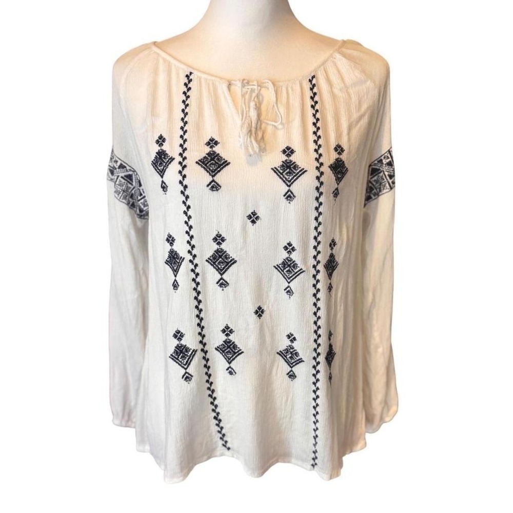 Forever‎ 21 Womens Embroidered Peasant Blouse White Black Tassel Boho Top Size M